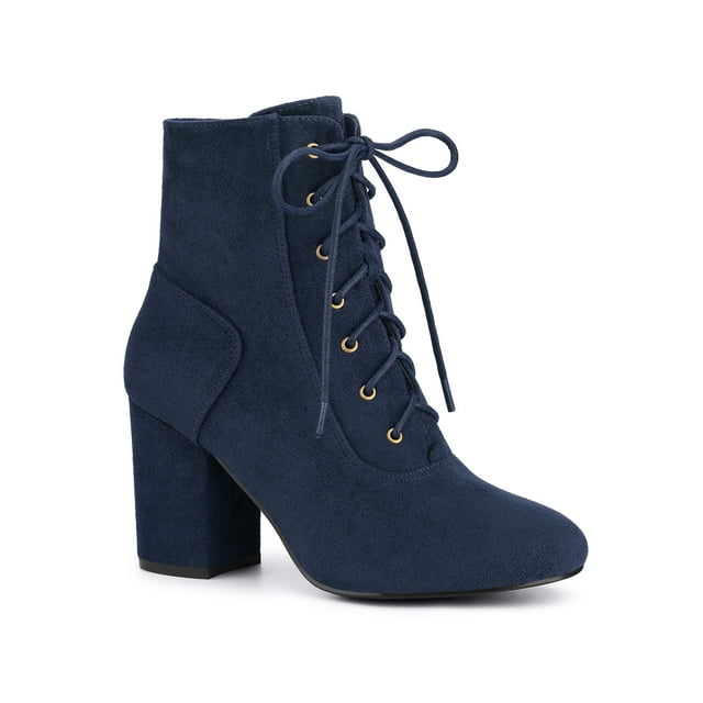 BLISSFUL STEP Women's Ankle Boots Faux Suede Chunky Heel Lace-Up Zip Booties Navy Blue 6