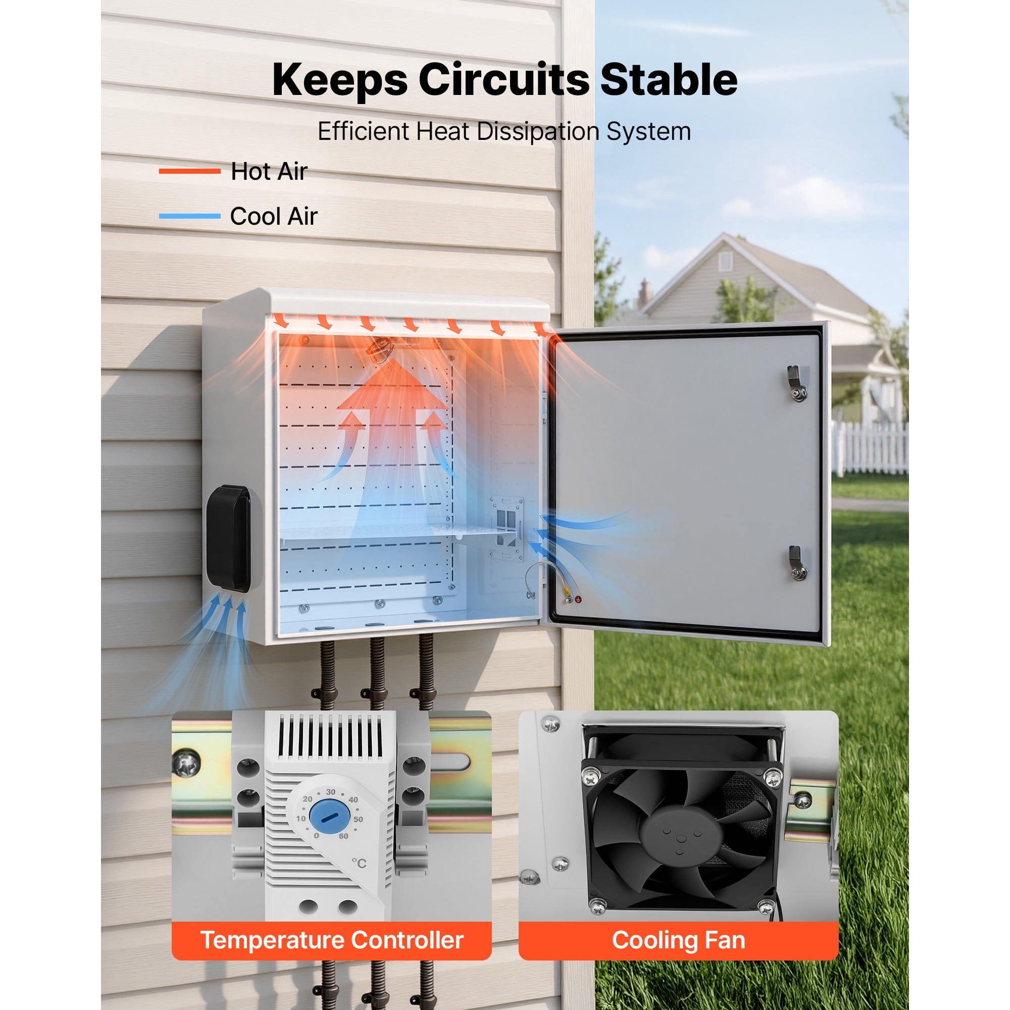 KFFKFF Outdoor Electrical Enclosure, Cold-Rolled Steel, Junction Box with Built-In Thermostat and Fan, Weatherproof Hood, Ventilated Structure, IP65 Waterproof Hinged Design, 24 x 24 x 12 in