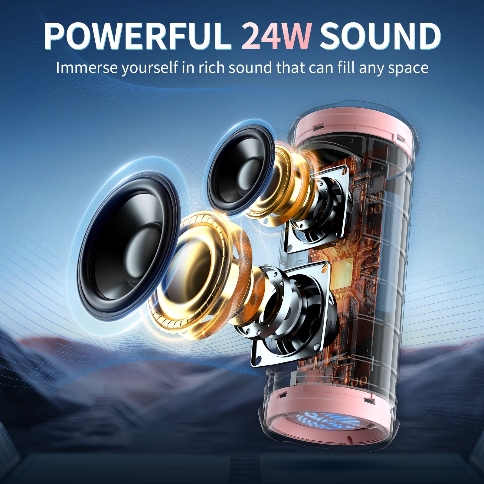 Portable Bluetooth Speaker, 24W Stereo Sound, IPX7 Waterproof, Bluetooth 5.3, RGB Lights, Dual Pairing, 30H Playtime for Outdoor Home Party