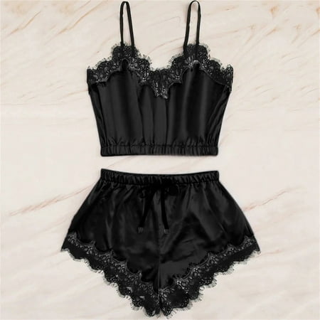 

DENGDENG Women Lingerie Set Trim Satin Cami Sexy Lace Sleeveless Strap Bodysuit 2 Piece Bra and Panty Sets