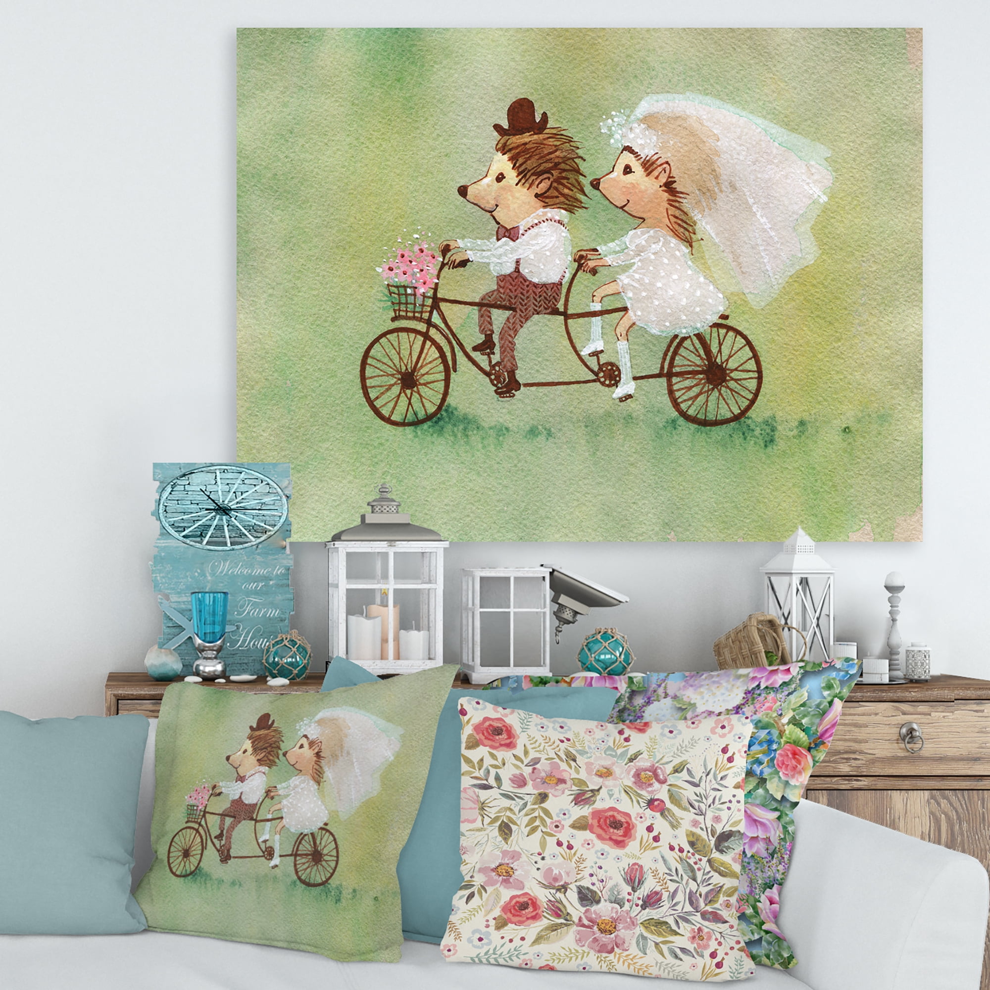 Designart ' Wedding Couple of Hedgehogs Riding A Bike ' Traditional Canvas Wall Art Print