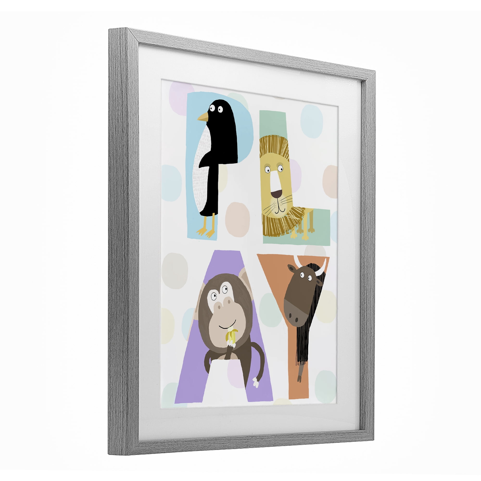 Stupell Industries Play Letters with Animals Gray Framed Print Under Glass, design by Carla Daly