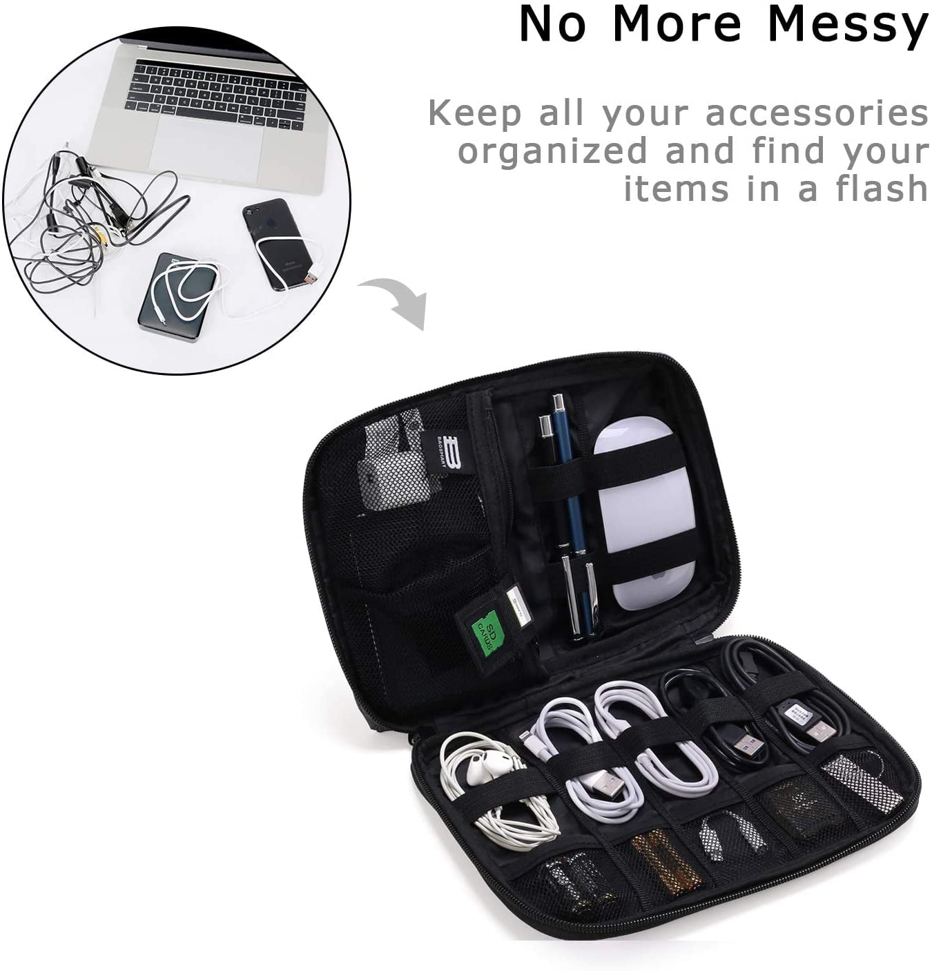 USB Cable BAGSMART Small Travel Electronics Cable Organiser Bag for Hard Drives Black Cables SD Card
