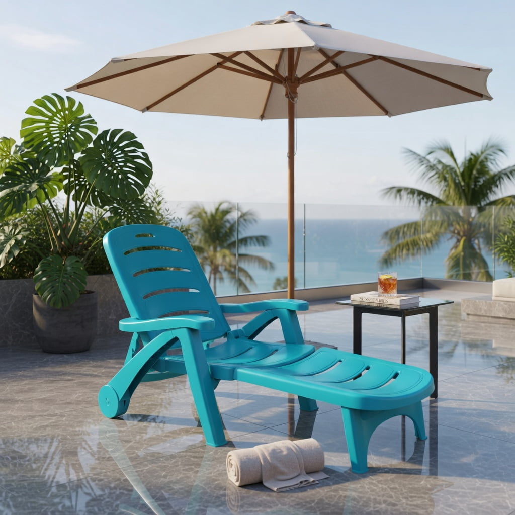 Hommoo 5-Position Adjustable Folding Chaise Lounge Chair, Outdoor Lounger with Wheels, Heavy-Duty PP Frame, Turquoise