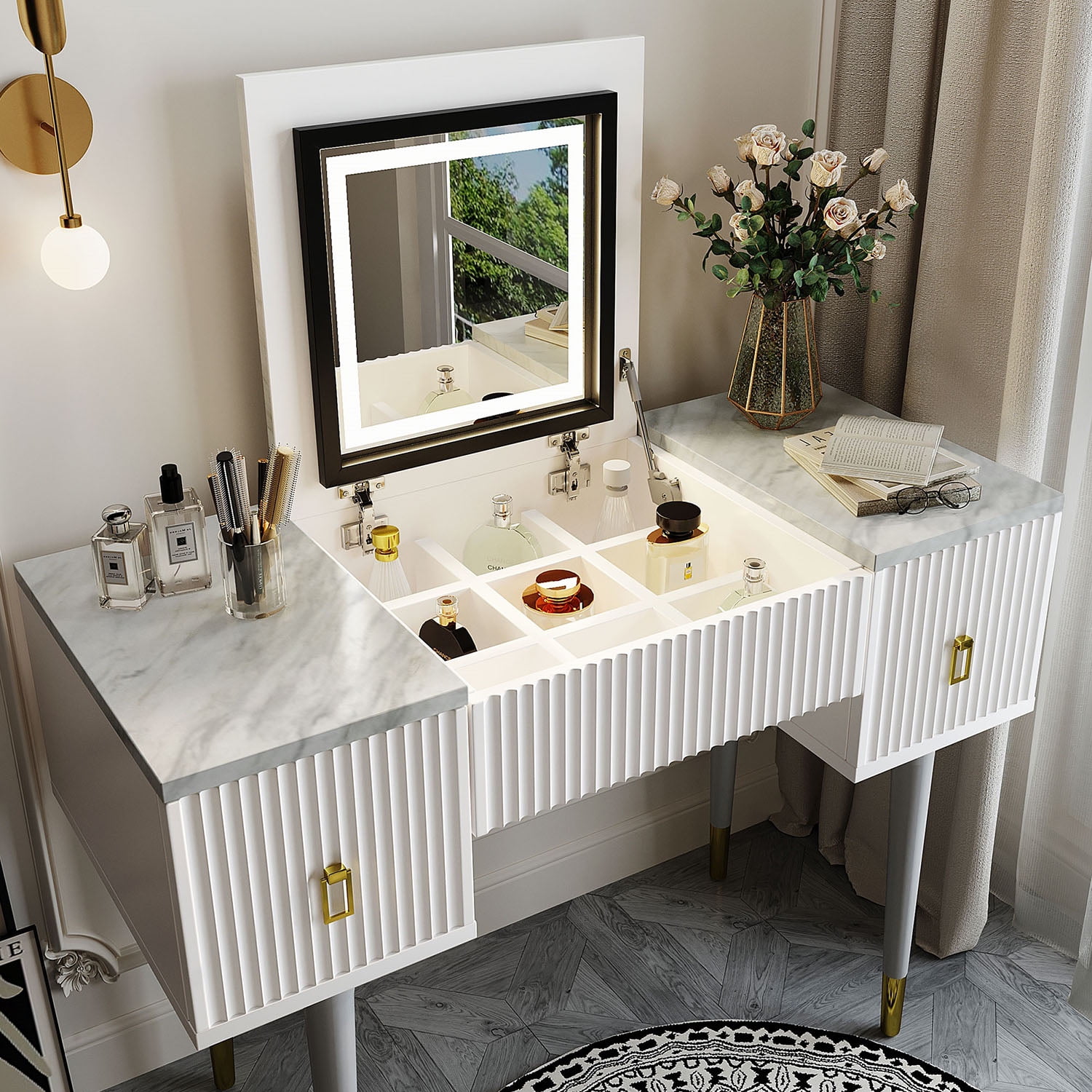 Resenkos 43.3" Modern Vanity Table Set with Flip-top Mirror and LED Light, Dressing Table with Customizable Storage, White and Gray