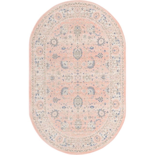 Unique Loom Whitney Vintage Border Rug 5' x 8' Oval Powder Pink/Ivory