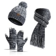 thumbnail image 1 of Conjunto de tres piezas de gorro de lana de punto de color otoño e invierno con bufanda gruesa y guantes para pantalla táctil, 1 of 4