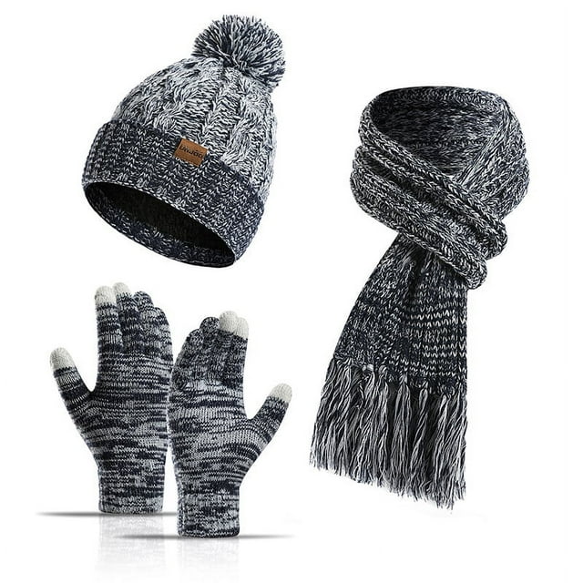 Conjunto de tres piezas de gorro de lana de punto de color otoño e invierno con bufanda gruesa y guantes para pantalla táctil