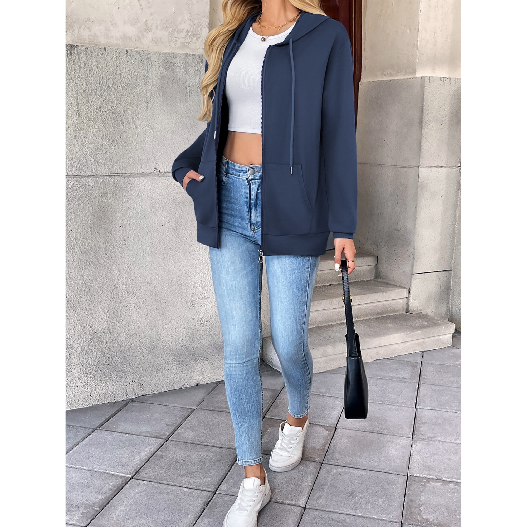 HOWCOME Basic Women's Full-Zip Hoodie – Lightweight Non-Fleece Long Sleeve Track Jacket with Adjustable Hood and Pockets, Navy Blue X-Large