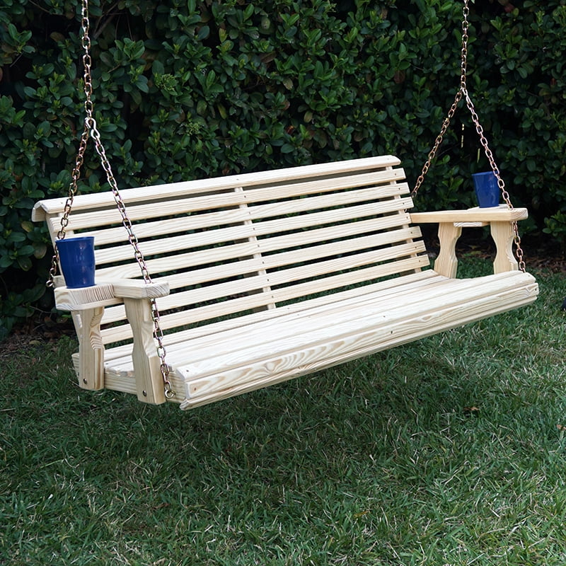 Amish Heavy Duty 800 Lb Roll Back Treated Porch Swing With Hanging Chains And Cupholders... by