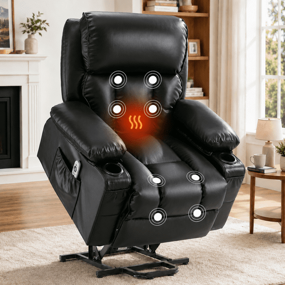 Lift Recliner Chair, LEGAHOME Electric Power Lift Recliner for Elderly with Heat Therapy and Massage, Oversized PU Leather Recliner Chair with 23" Wide Seat, Cup Holders, USB Port, Black