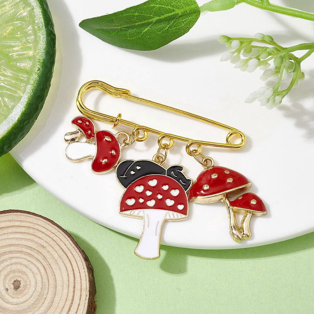 20pc Mushroom Enamel Charms Brooch Alloy Safety Kilt Pin Brooch Dark Red 19.5~31x19~23x4mm