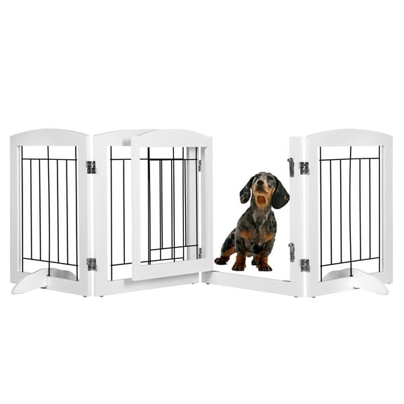 PAWON White Freestanding Dog Gate with Walk-Through Door: Secure Indoor Barrier - 80" Wide, 24" Height, 4 Panels