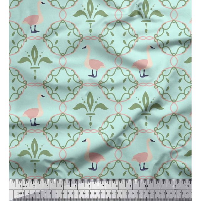 Soimoi Green Rayon Fabric Swan & Moroccan Damask Print Sewing Fabric Yard 56 Inch Wide
