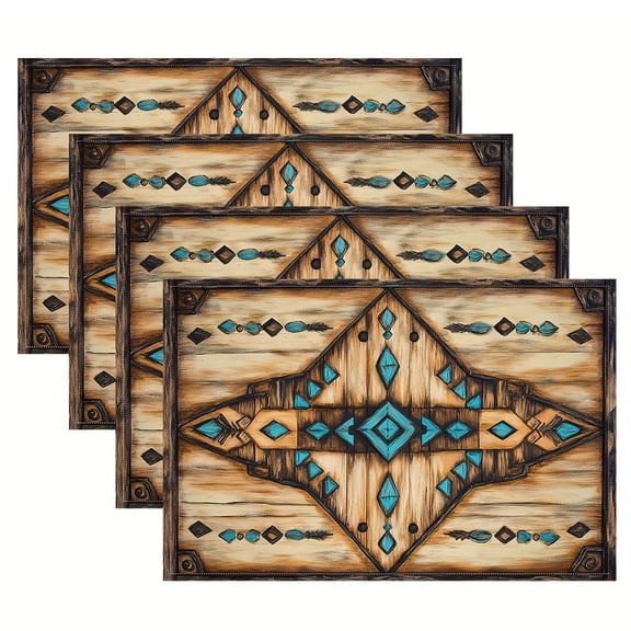 Of 4 Southwestern-Style Table Mats in Tan And Turquoise, Featuring a Stylish Print Design, Measuring 12X18 Inches, Suitable for Dining Tables, Kitchens, Parties, Indoor Use, Holidays