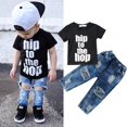 thumbnail image 3 of Douhoow Toddler Baby Boys Short Sleeve Cool T-Shirt Denim Hole Pants Summer Kids 2PCS Clothes Set, 3 of 9