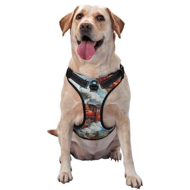 Sikiie Red Train Hot Air Balloon Pattern Pet Traction Vest, No-pull Adjustable Buckle Reflective Dog Harness, Suitable for Small, Medium and Large Dogs-Large