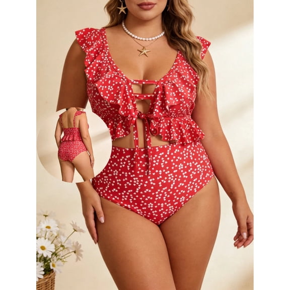 Top-kevin Red and White Polka Dot Women Plus Size Two Piece Swimsuits High Waisted Bikini Set Ruffle Tummy Control Bathing Suits with Bottom