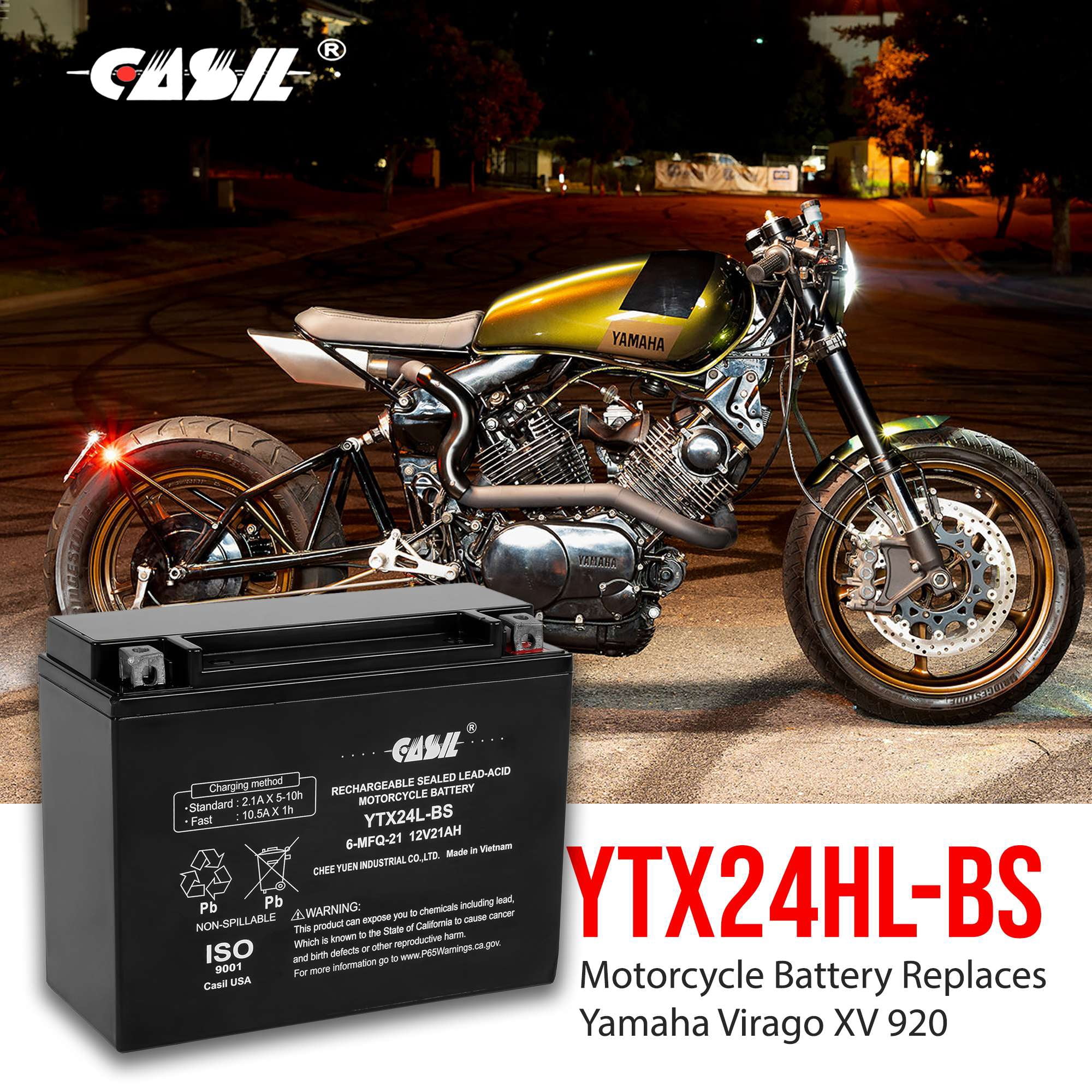 Casil YTX24HL-BS Motorcycle Battery 12v 21ah Power Sports Battery Replaces Yamaha Virago XV 92010001100 XVZ Venture Royale