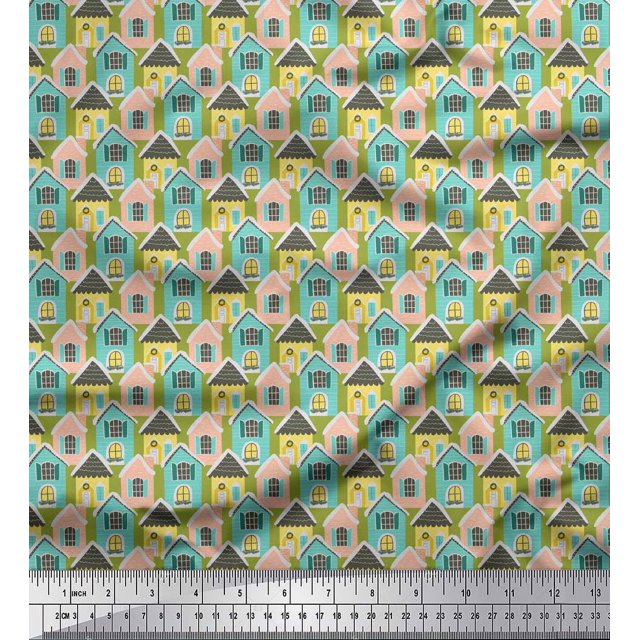 Soimoi Green polyester Crepe Fabric House Architectural Printed Fabric 1 Yard 42 Inch Wide