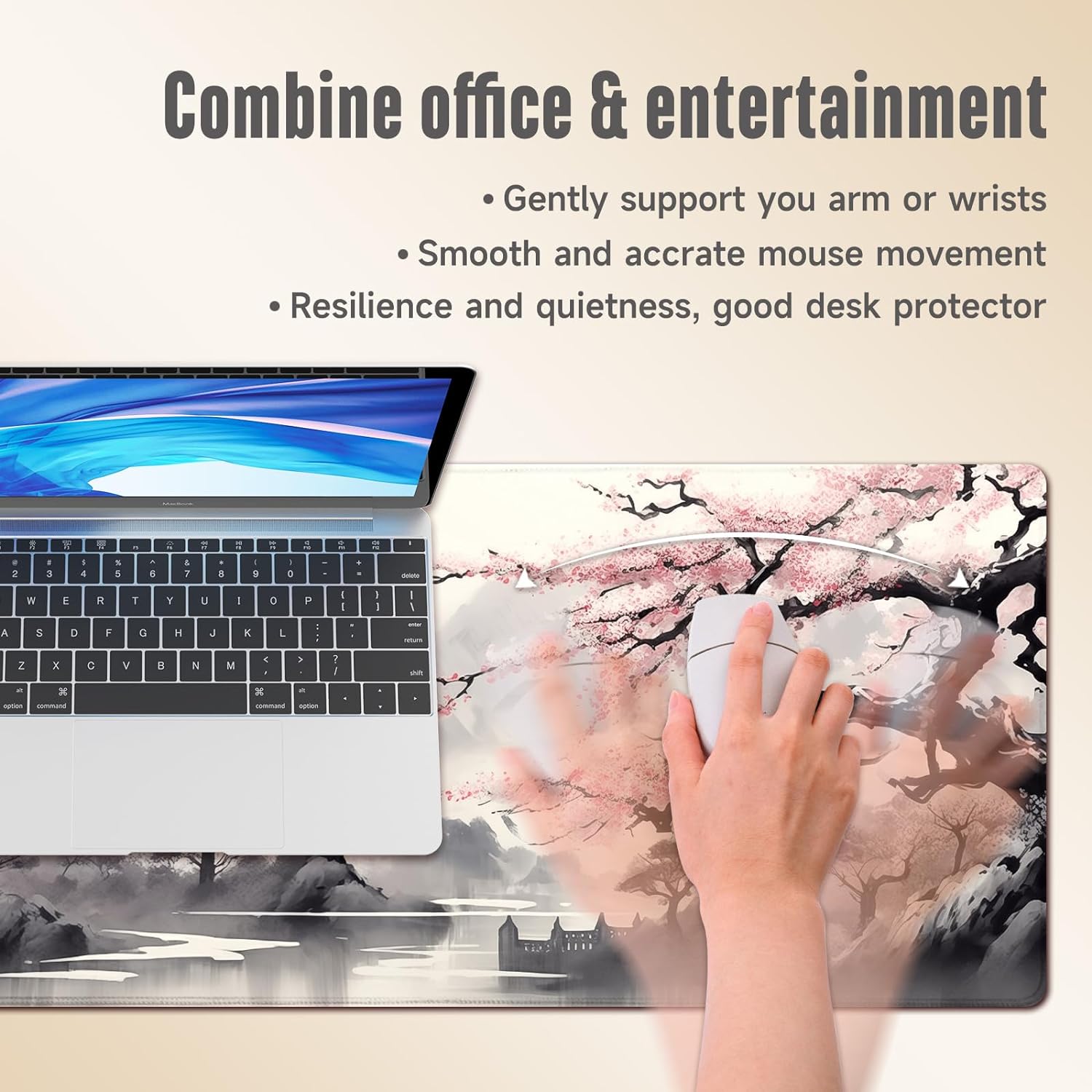 Japanese Large Gaming Mouse Pad Anime Extended Cherry Blossom Mouse Pad with Stitched Edges 3mm for Home Office, 31.5 X 11.8 Inch