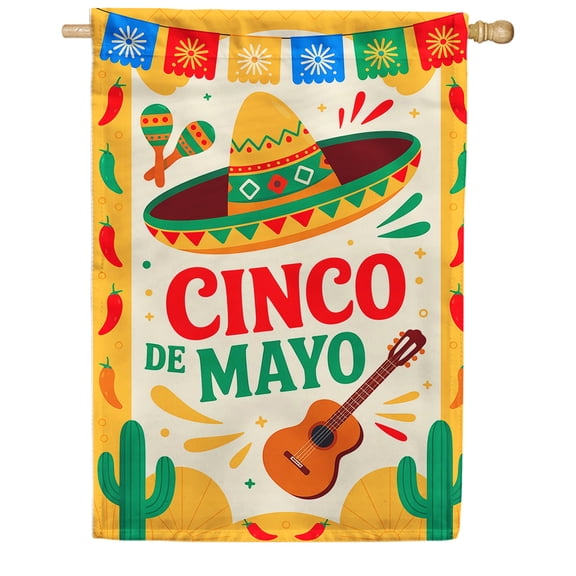 America Forever Cinco de Mayo Sombrero House Flag, 28 x 40 inch Double Sided, Mexican Fiesta Banner, Guitar Maraca Papel Picado Celebration Outdoor Yard Decorations