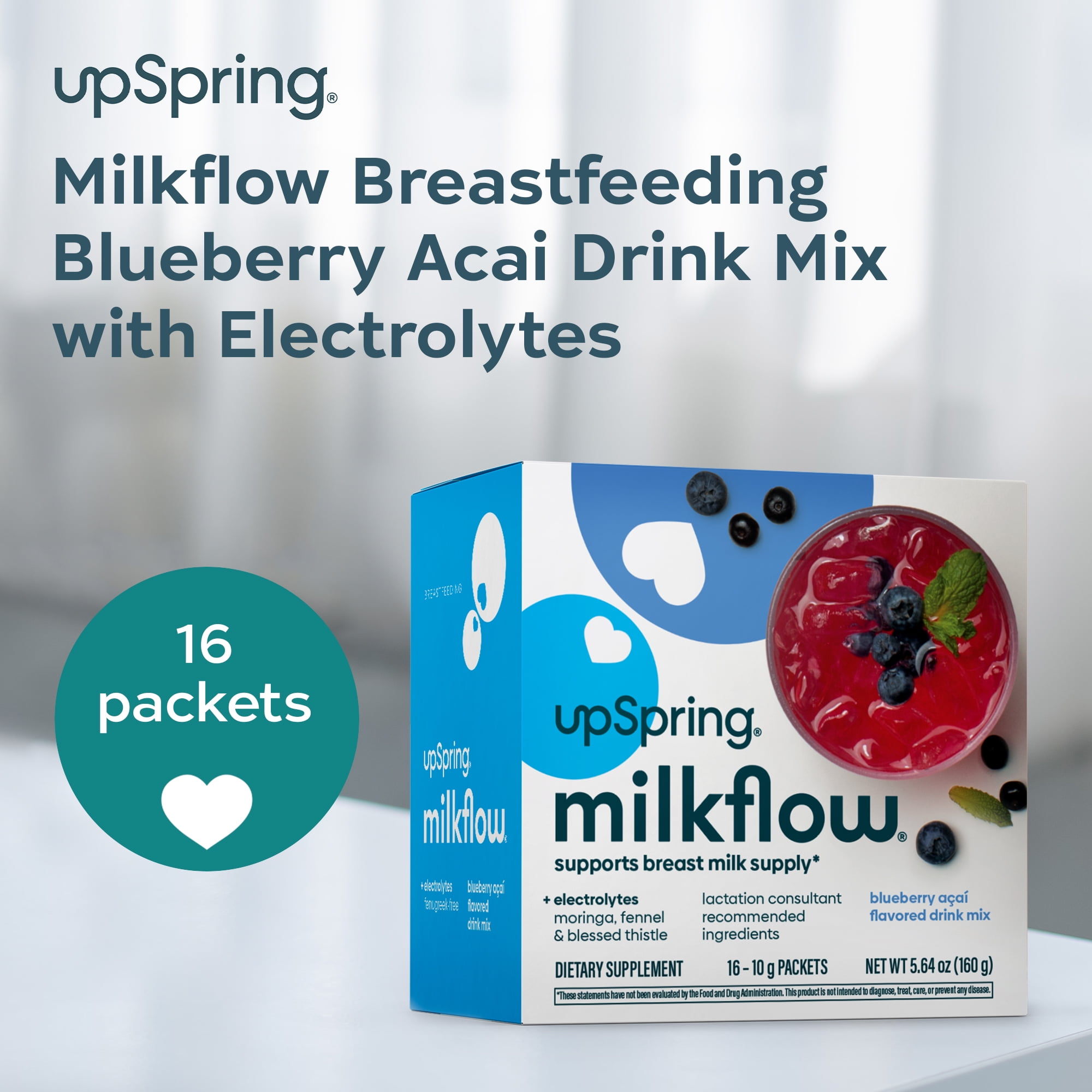 UpSpring Milkflow Fenugreek-Free Breastfeeding Drink Mix with Electrolytes, Blueberry Acai, 16 Count