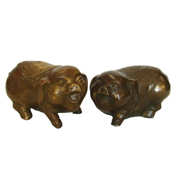 Pair of Big Brass Metal Copper Pig Statues