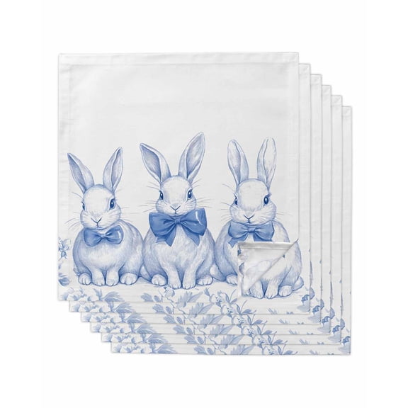 nqOlkjepod Blue Bunny Easter Cloth Napkins Set of 6 Reusable Dinner Napkins, Vintage Rabbit Spring Floral Cocktail Napkin Washable Table Napkins for Wedding/Holiday Party/Baby Shower 20"x20"