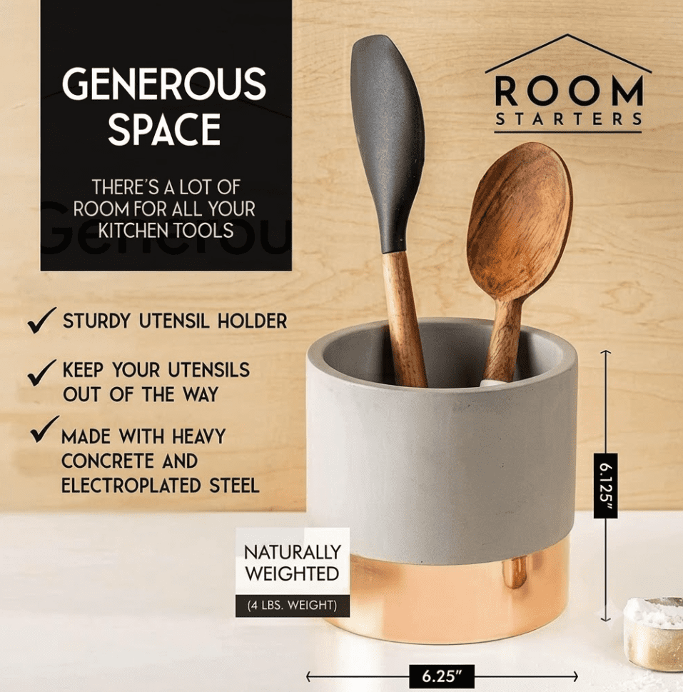 Room Starters Kitchen Utensil Holder Caddy for Countertop, Large, Concrete & Steel, Copper