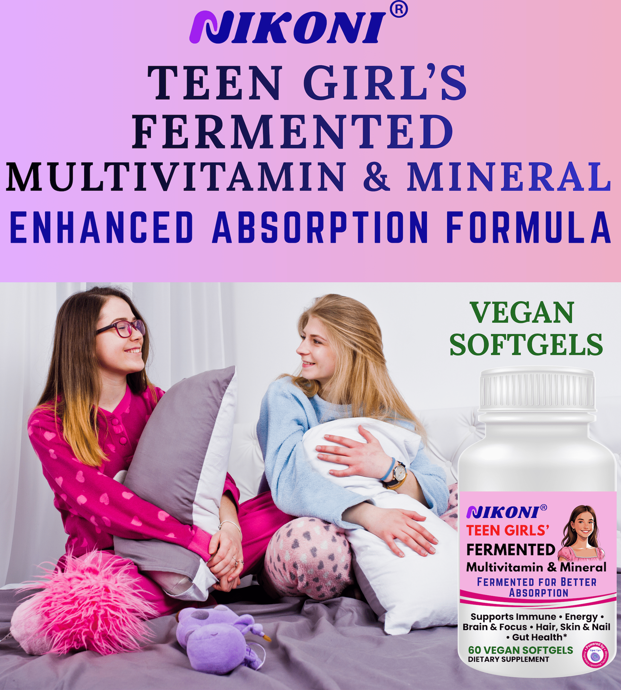 Nikoni Teen Girls' Fermented Multivitamin Mineral Vegan Softgels for Better Absorption 60 Count