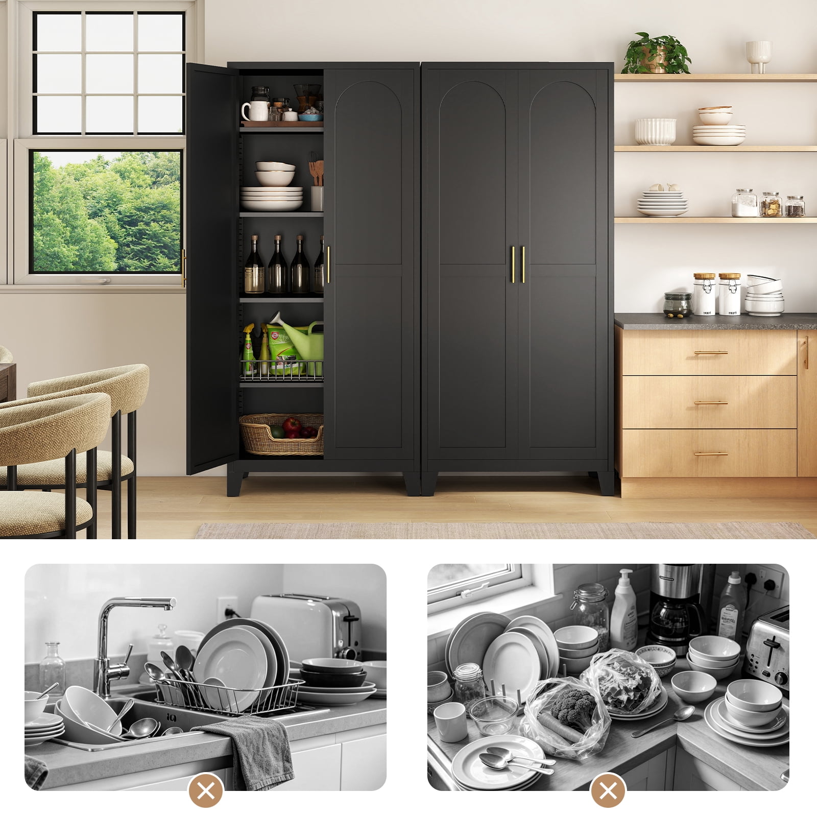 LIZEVINC 71.2in Pantry Cabinet, Metal Shapely Doors Cabinet with Doors and Adjustable Shelves, Food Pantry Cabinet for Kitchen,Dinning Room- Assembly Required(Black)