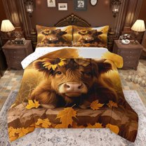 jejeloiu Cute Highland Cattle Full Size Comforter Sets,Autumn Fall Maples Bedding Comforter Set,Rustic Farm Animal Bedding Sets For Kids,Microfiber Bedroom Decor Reversible,3pcs