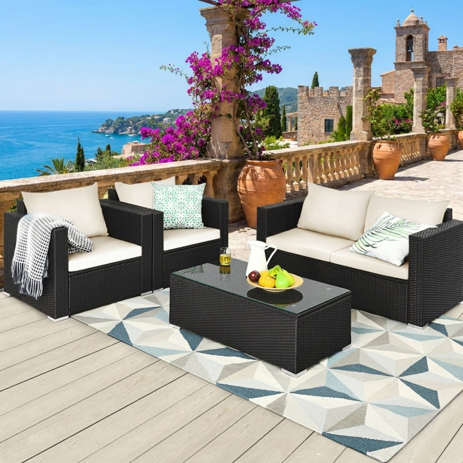 Furnibear 4 Pieces Patio Rattan Conversation Set Outdoor Wicker Furniture Sofa Set with Padded Cushions and Tempered Glass Coffee Table for Garden Backyard, White