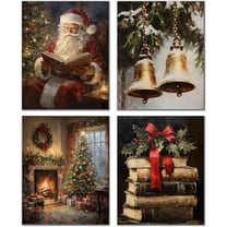 Hieng Winter Christmas Wall Art Prints Set of 4, Farmhouse Christmas Decor, Rustic Winter Santa Reindeer Forest Village Landscape Posters for Home Bedroom Living Room Decor Unframed