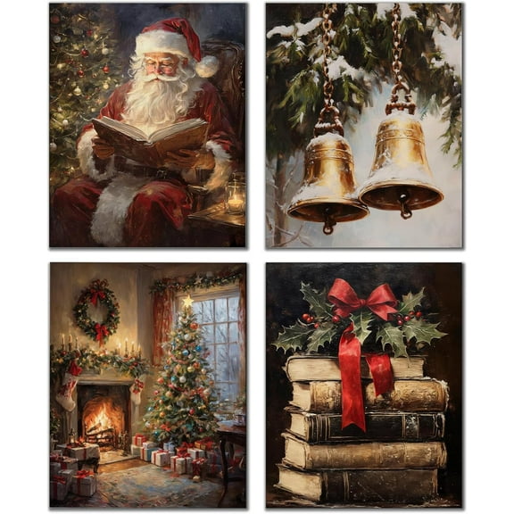 Hieng Winter Christmas Wall Art Prints Set of 4, Farmhouse Christmas Decor, Rustic Winter Santa Reindeer Forest Village Landscape Posters for Home Bedroom Living Room Decor Unframed