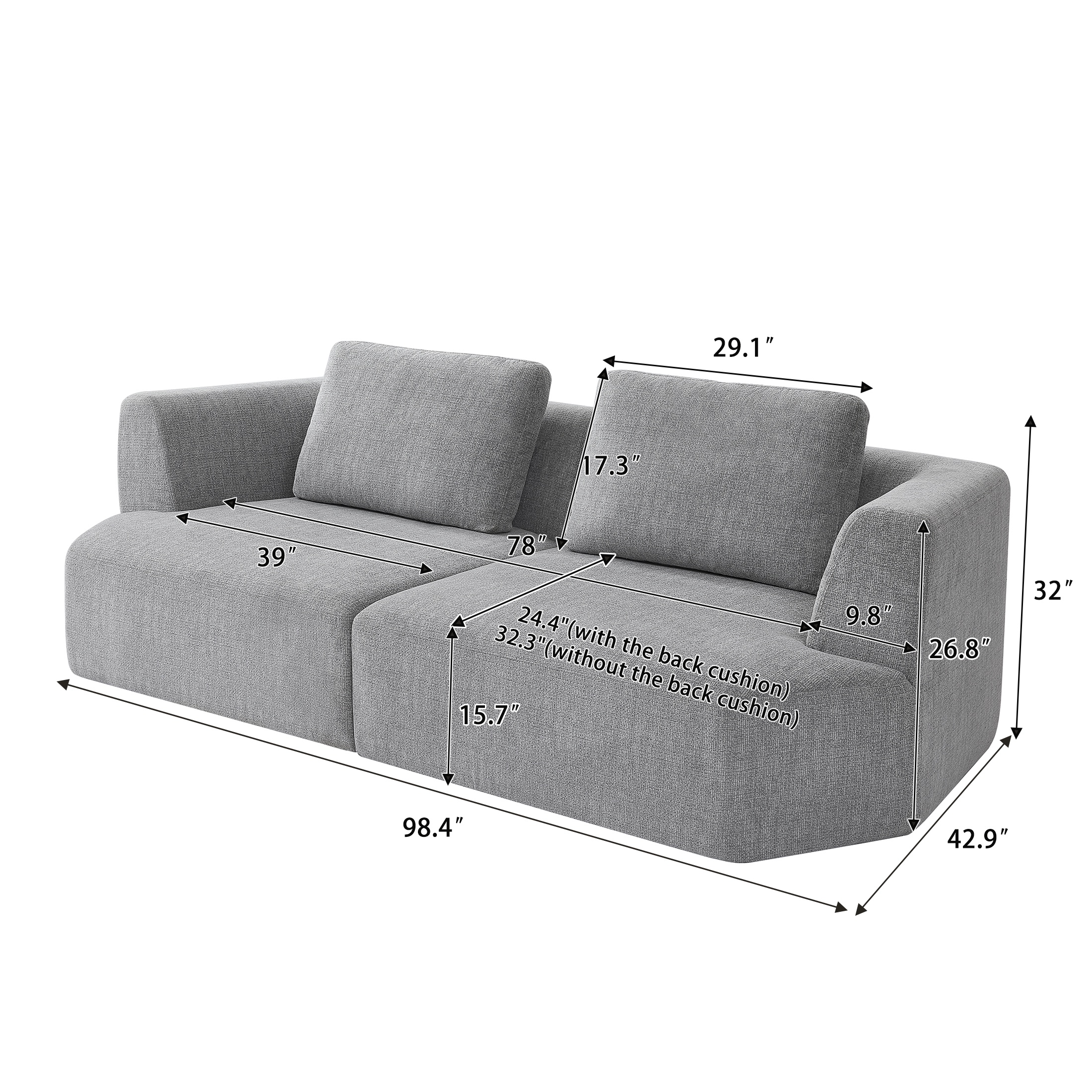 PORKISS 98.4" No-Assembly Sofa for Living Room, 3 Seater Sofa with Extra Deep Seats, Comfy Upholstered Couch for Living Room, 2 Pillows, Chenille Grey