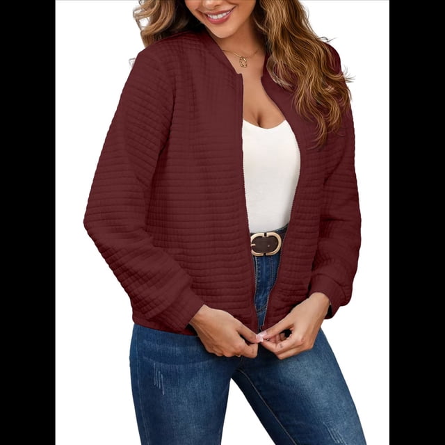 Chaqueta Informal Holgada de Cuadros Pequeños para Mujer, de Color Liso, Tendencia Otoñal, con Cremallera, Larga y Cuello Redondo. Rojo Vino XXL