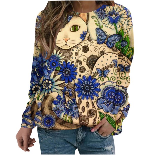 Camisas de mujer con estampado gráfico de manga larga con cuello redondo, sudadera, suéter, tops cómodos Fridja hkj1541