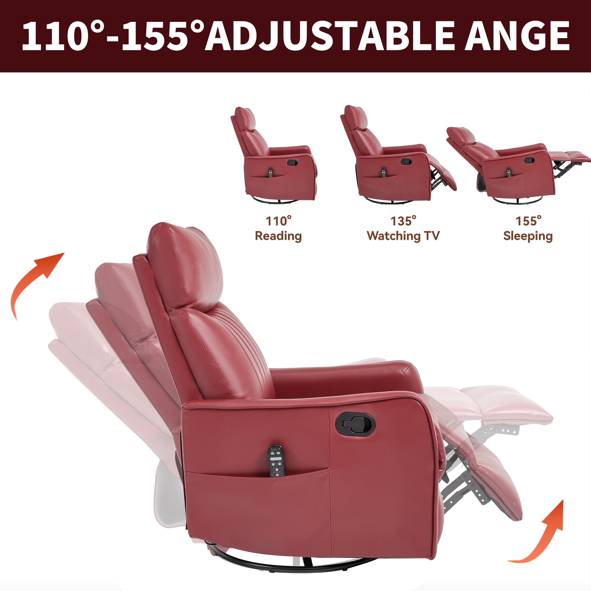 Manual Swivel Rocker Recliner Chair for Adults,Overstuffed Reclining Glider Chair with Vibration Massage & Heat,Upholstered Recliners with Side Pockets for Living Room,Red PU