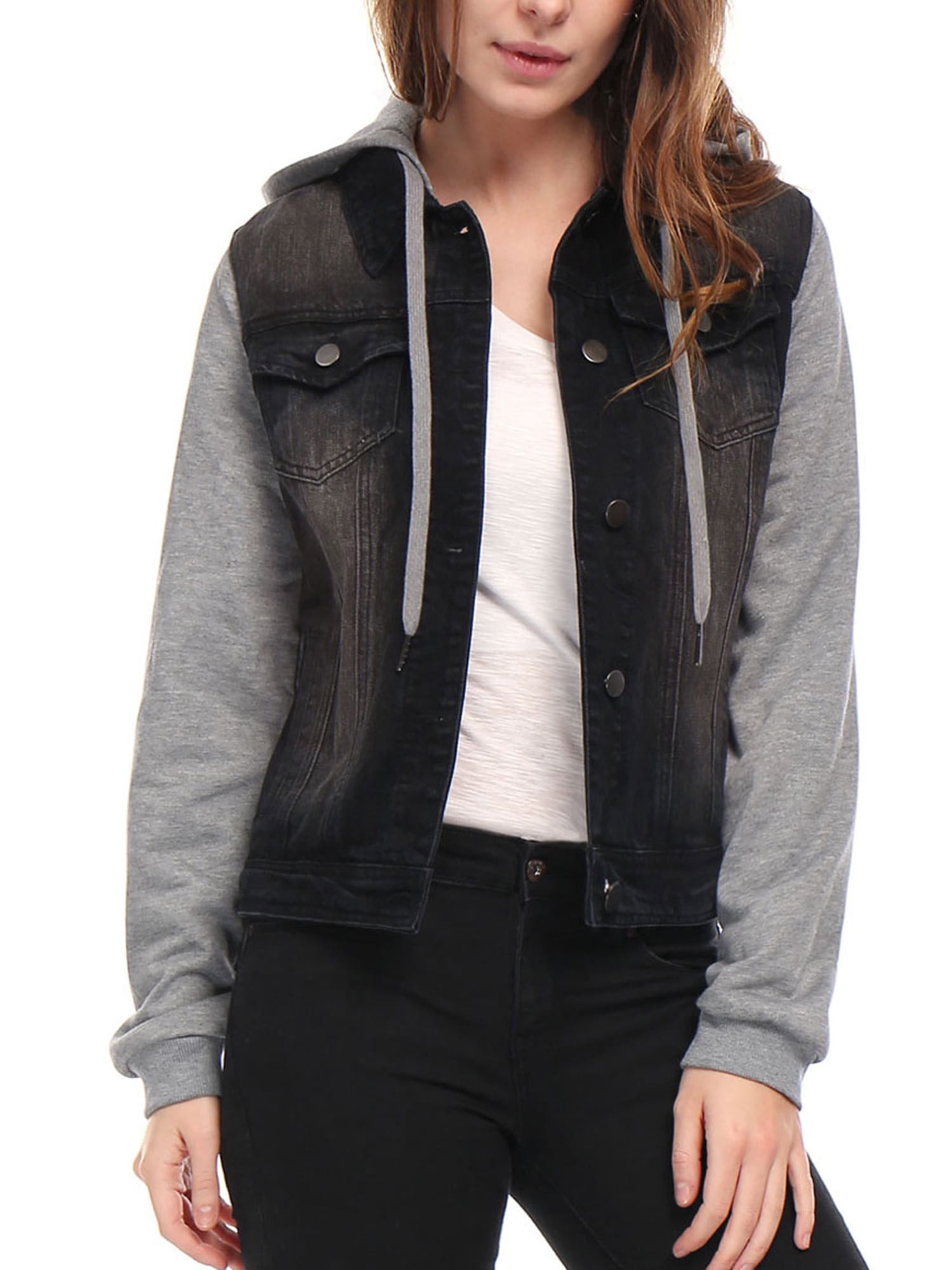 DARING DIVA Women's Layered Outerwear Hooded Denim Jacket L Black