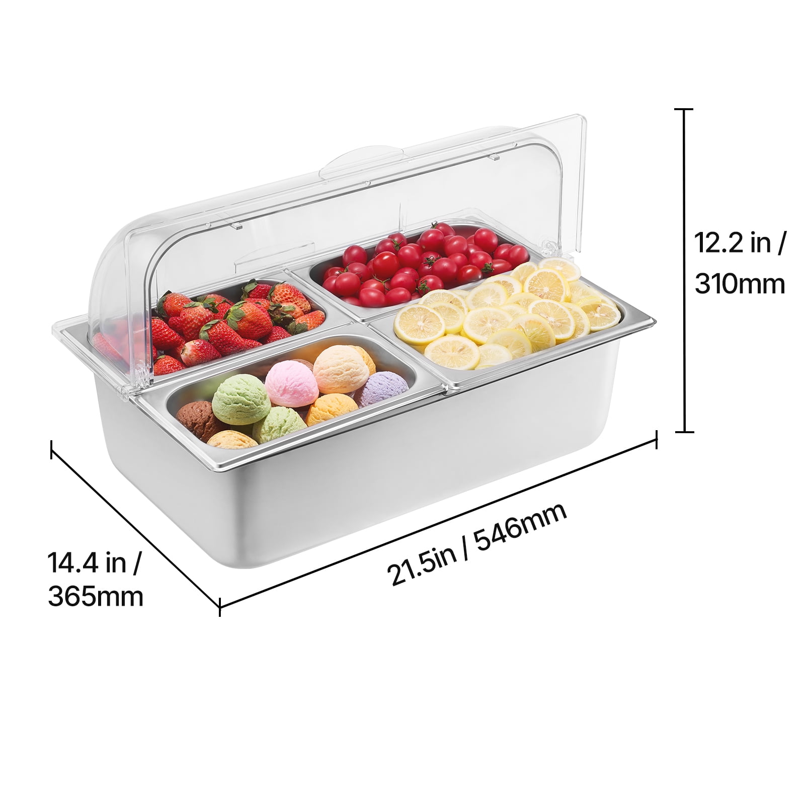 KFFKFF Tabletop Meal Presentation Storage Unit, Quad Compartment Metal Food Serving Platter, Cafeteria Garnish Distributor Stand with Transparent Cover & Trio of Cooling Bins
