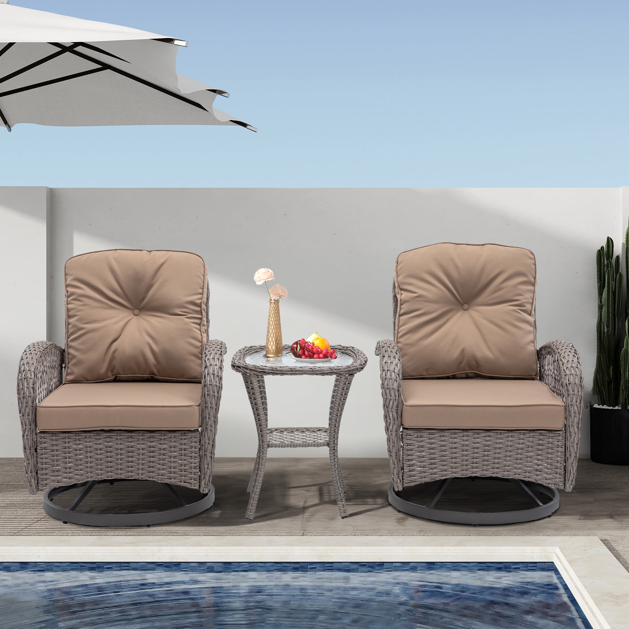 3 Pieces Patio Furniture Set, Outdoor Rattan Swivel Rocker Chairs w/Coffee Table, Wicker Patio Bistro Set for Porch Poolside, Patio Conversation Sets w/Cyan Thickened Cushions