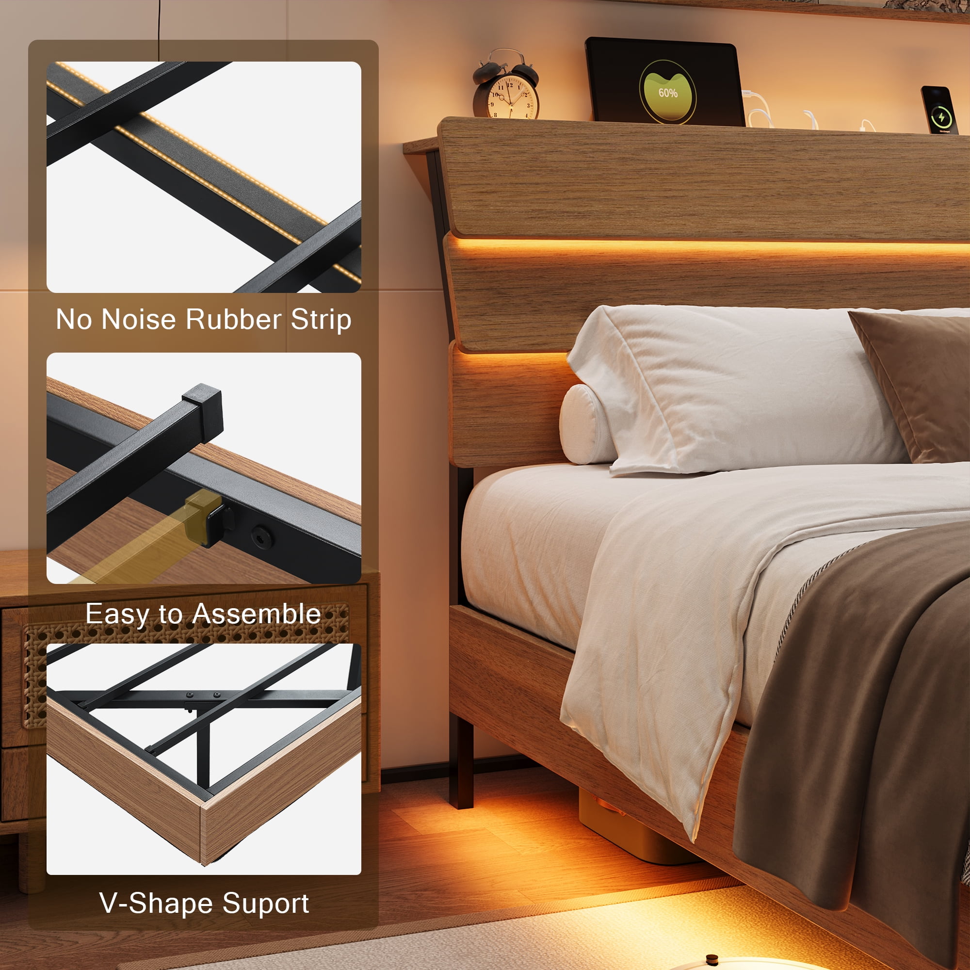 Einhomn Floating Bed Frame King Size with Storage Headboard, LED Lights and Charging Station, No Box Spring Needed