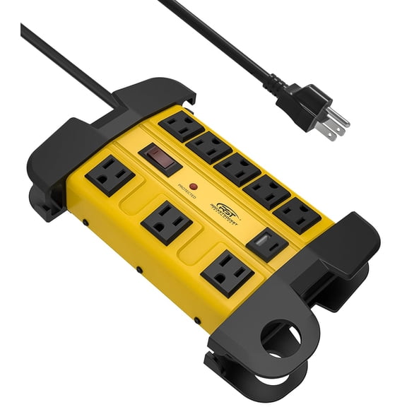 CRST Heavy Duty Surge Protector Power Strip with USB-C Ports, 8-Outlet Metal Industrial Power Block with 15A Circuit Breaker, 15ft Extension Cord, 1350 Joules for Workshop, Garage, Office, Shop…