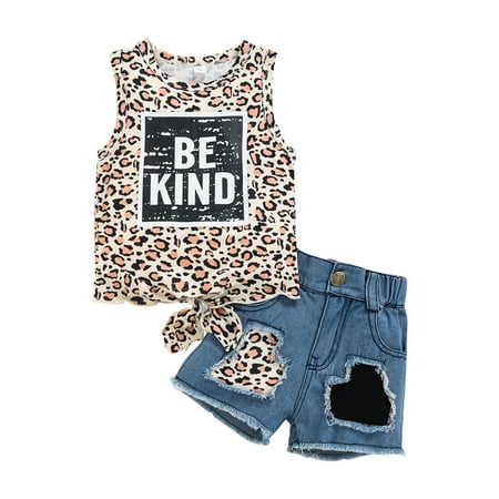 

TAIAOJING Toddler Baby Girl Outfit Children s Summer Leopard Print Short Sleeve Denim Suit Sleeveless Top Casual Clothes T Shirt Leopard Shorts Pants 18-24 Months