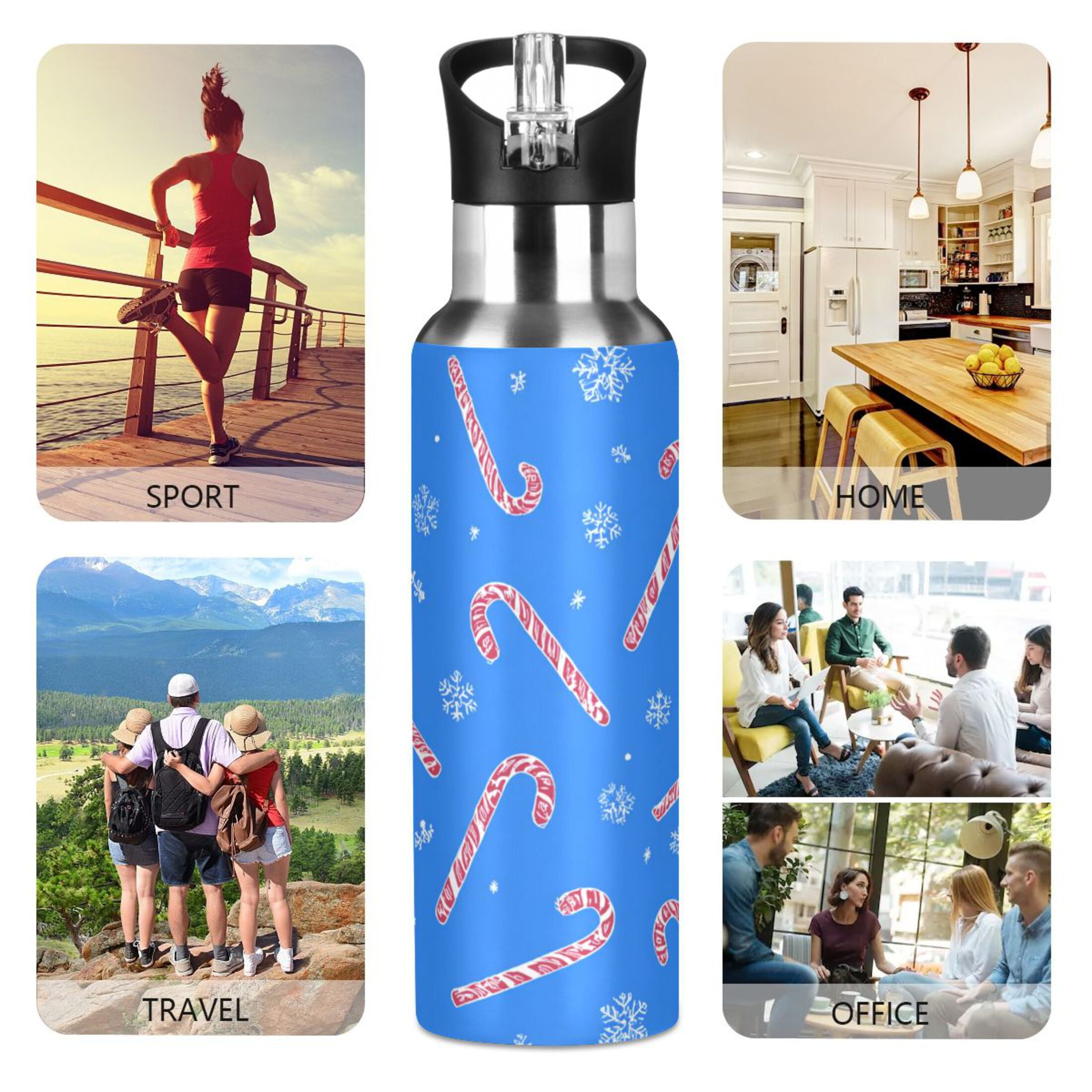Iauyy Stainless Steel Double-Wall Vacuum Insulated Water Bottle with Straw-600ml&1000ml BPA-Free Leak-Proof for Travel Workouts Outdoor,Metal Frame Lollipop