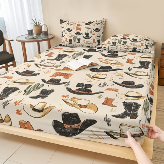 Full Size Fitted Sheet Set - Western Cowboy 3 Piece Bedding Sets 16" Deep Pocket Fitted Sheet with 2 Pillowcases Country Vintage Art Boots Desert Brushed Microfiber Hotel Luxury Bed Sheets