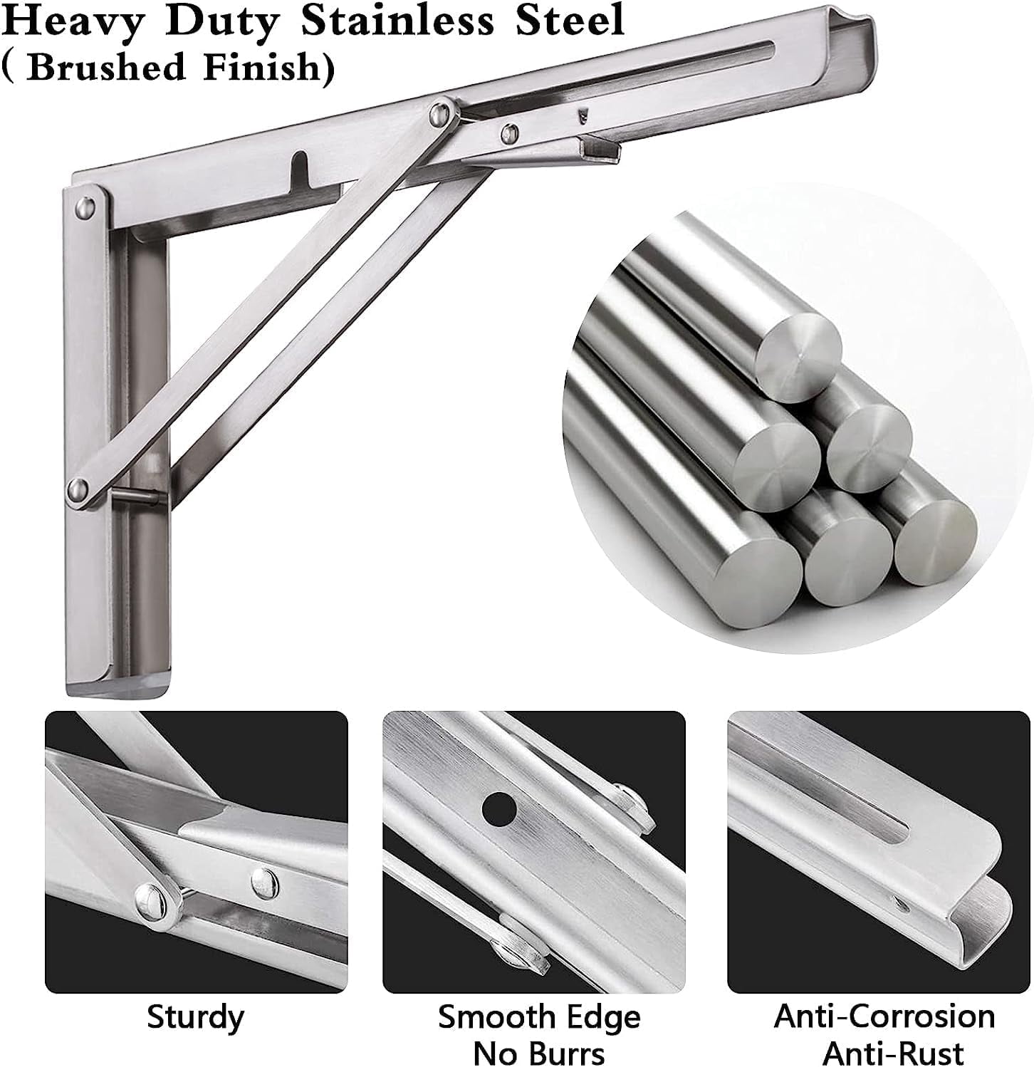 Pynsseu 24 inch Folding Shelf Brackets, Brushed Stainless Steel, 2 Pack