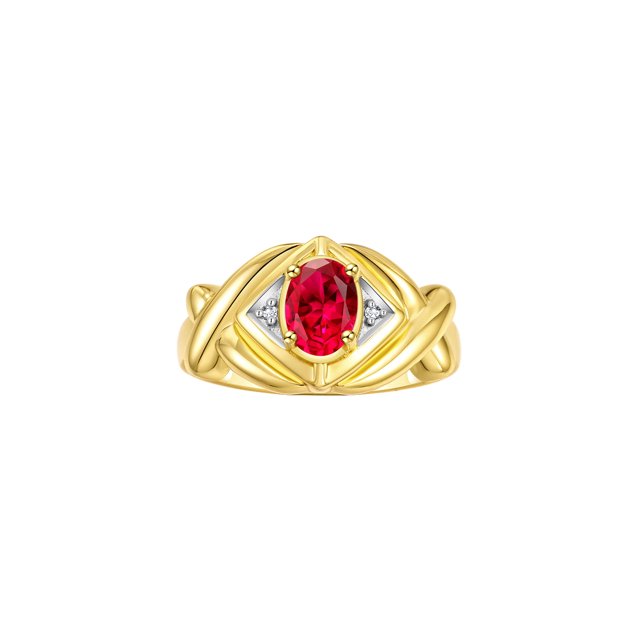 RYLOS Rings for Women 14K Yellow Gold Ring XOXO Hugs & Kisses 7X5MM Gemstone & Diamond Ring July Ruby Jewelry Size 8